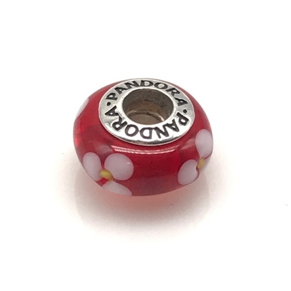 Pandora Red White Flower Murano Glass Retired Bead Charm - Picture 2 of 4